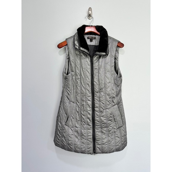 Renuar Women's L Gray Quilted Vest Faux Fur Collar Sleeveless Jacket - Picture 1 of 7